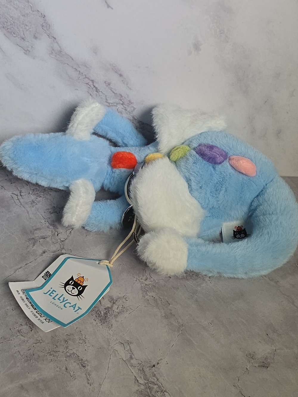 Jellycat Blue Plush Bunny Keyring with Rainbow Spots